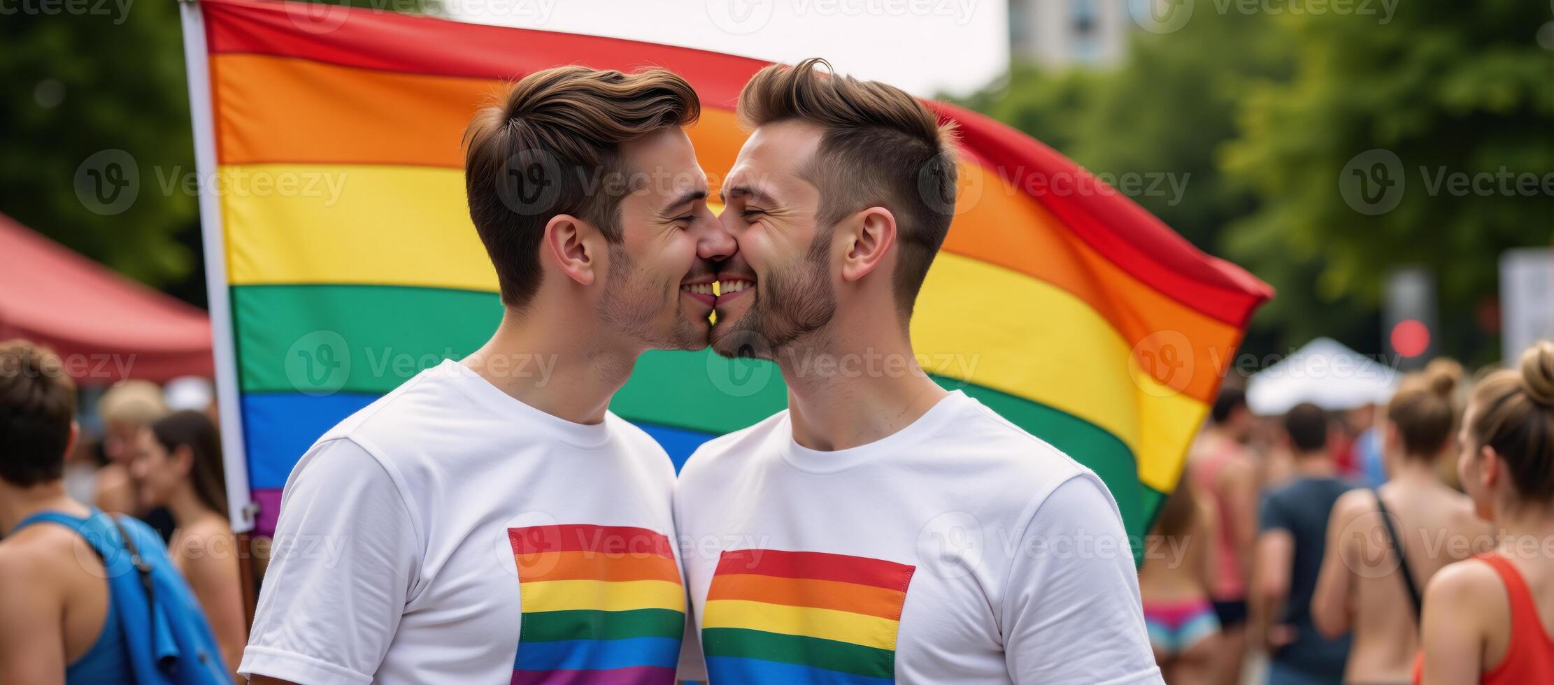 Male couple kissed under a rainbow flag during Pride Festival celebrations photo