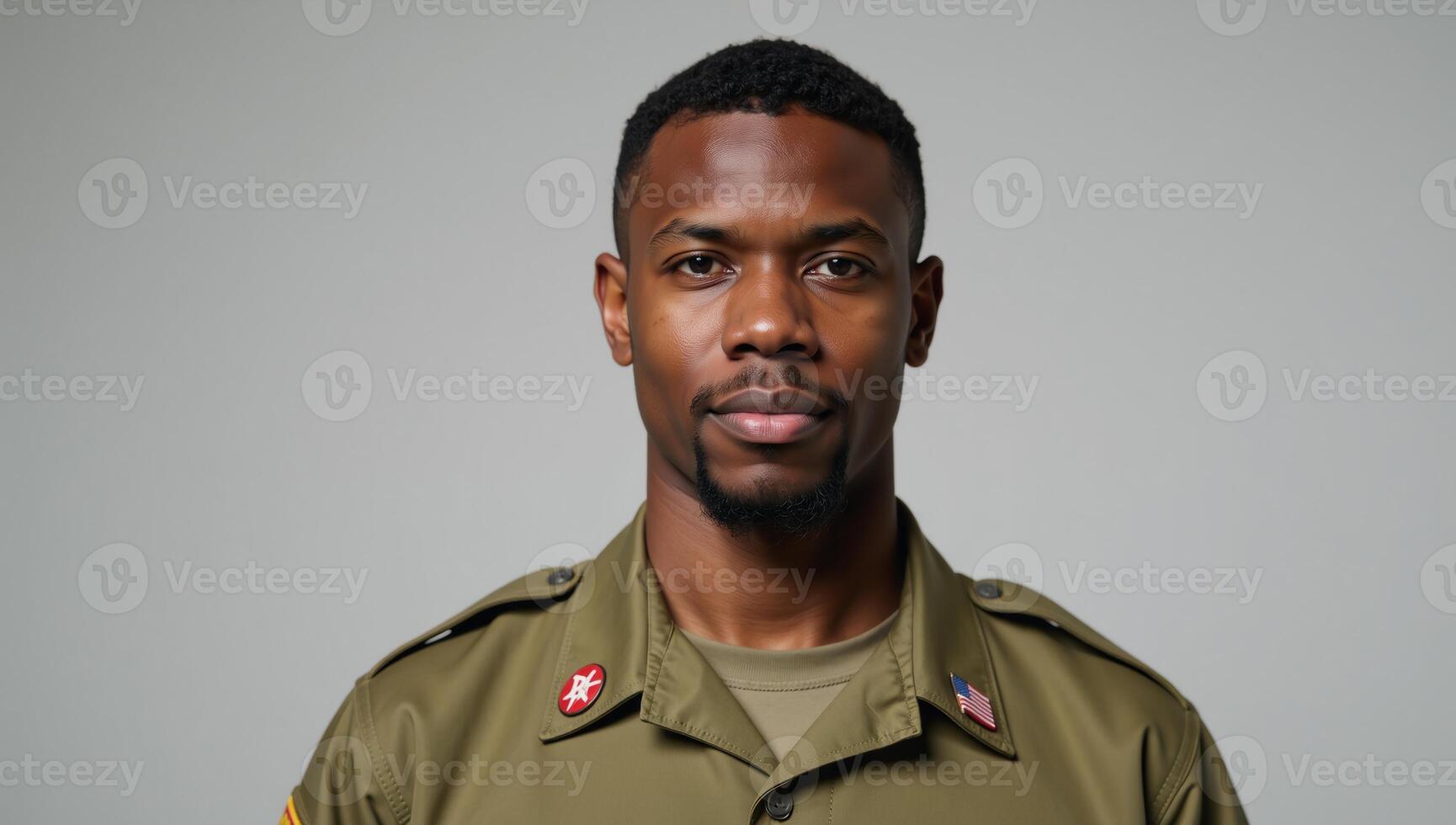 Photographic portrait showcases confident young AfricanAmerican veteran gazing straight into camera with an air of patriotism Veteran Portrait photo