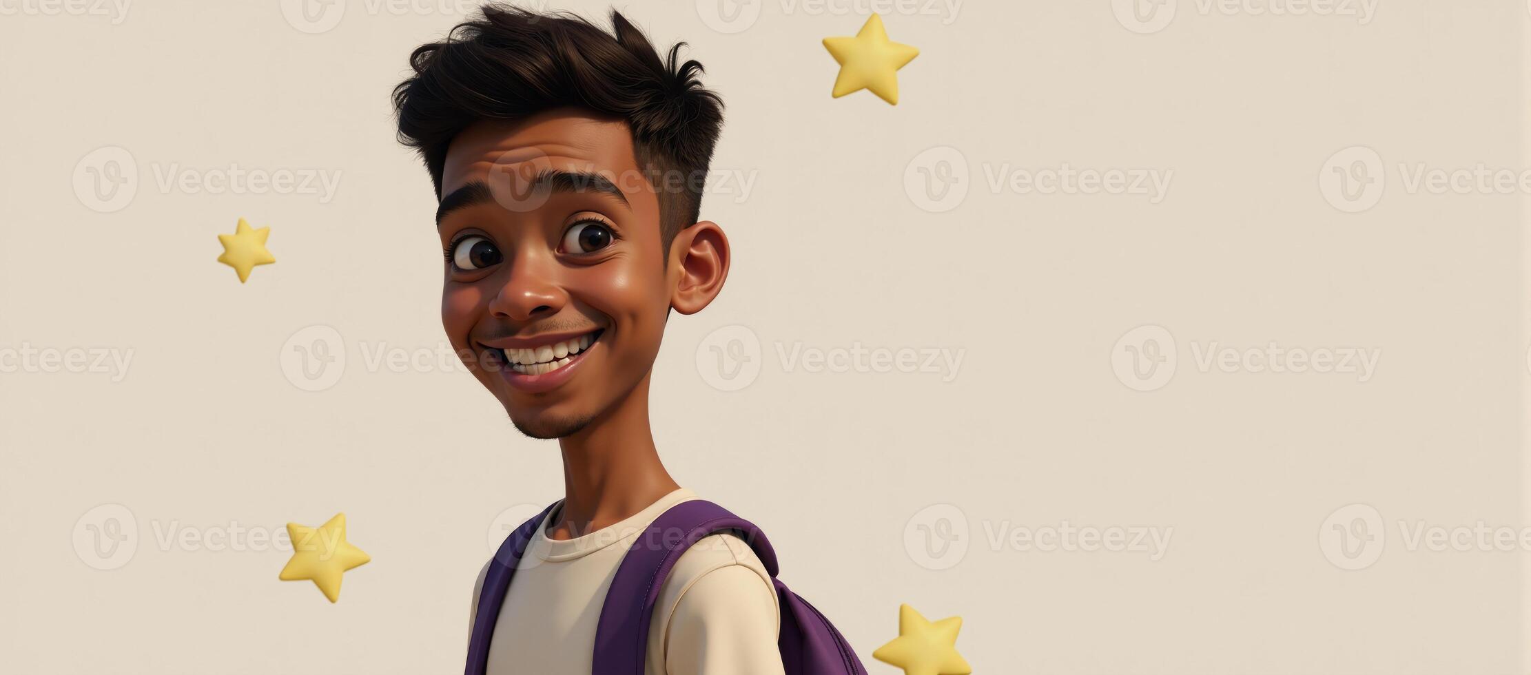 Digital painting of an attractive teenage boy featuring a smiling AfricanAmericanHispanic male carrying a backpack and dressed for school rendered in a playful animated movie style photo