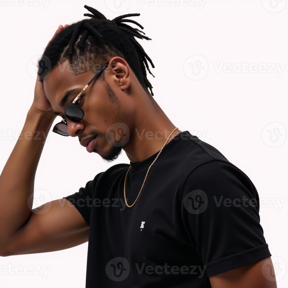 A young AfricanAmerican man wearing dreadlocks and sunglasses is depicted in profile view in a sleek modern art style on a minimalist allwhite backdrop photo