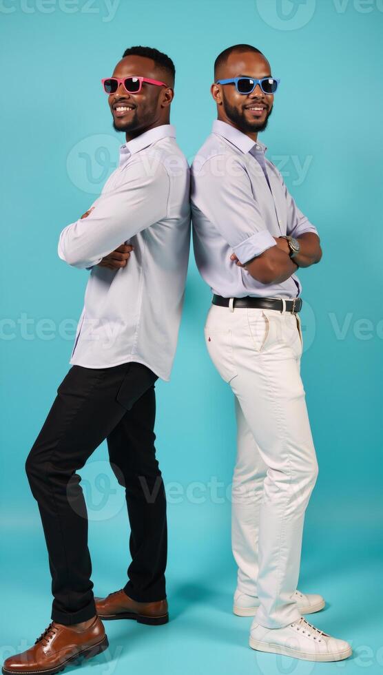Cheerful African American duo pose confidently backtoback against a bright blue backdrop showcasing stylish summer outfits with eyecatching sunglasses photo