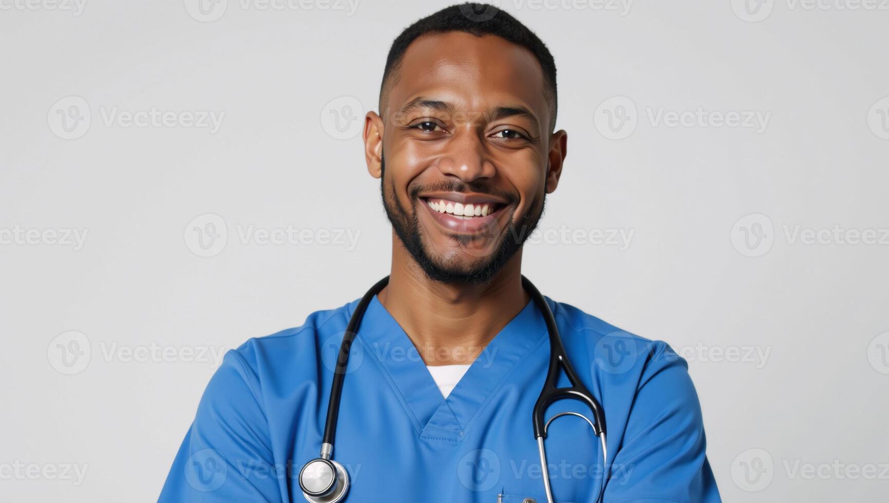 A friendly AfricanAmerican male nurse stands confidently in his blue scrubs smiling warmly while holding a stethoscope embodying caring and compassion photo