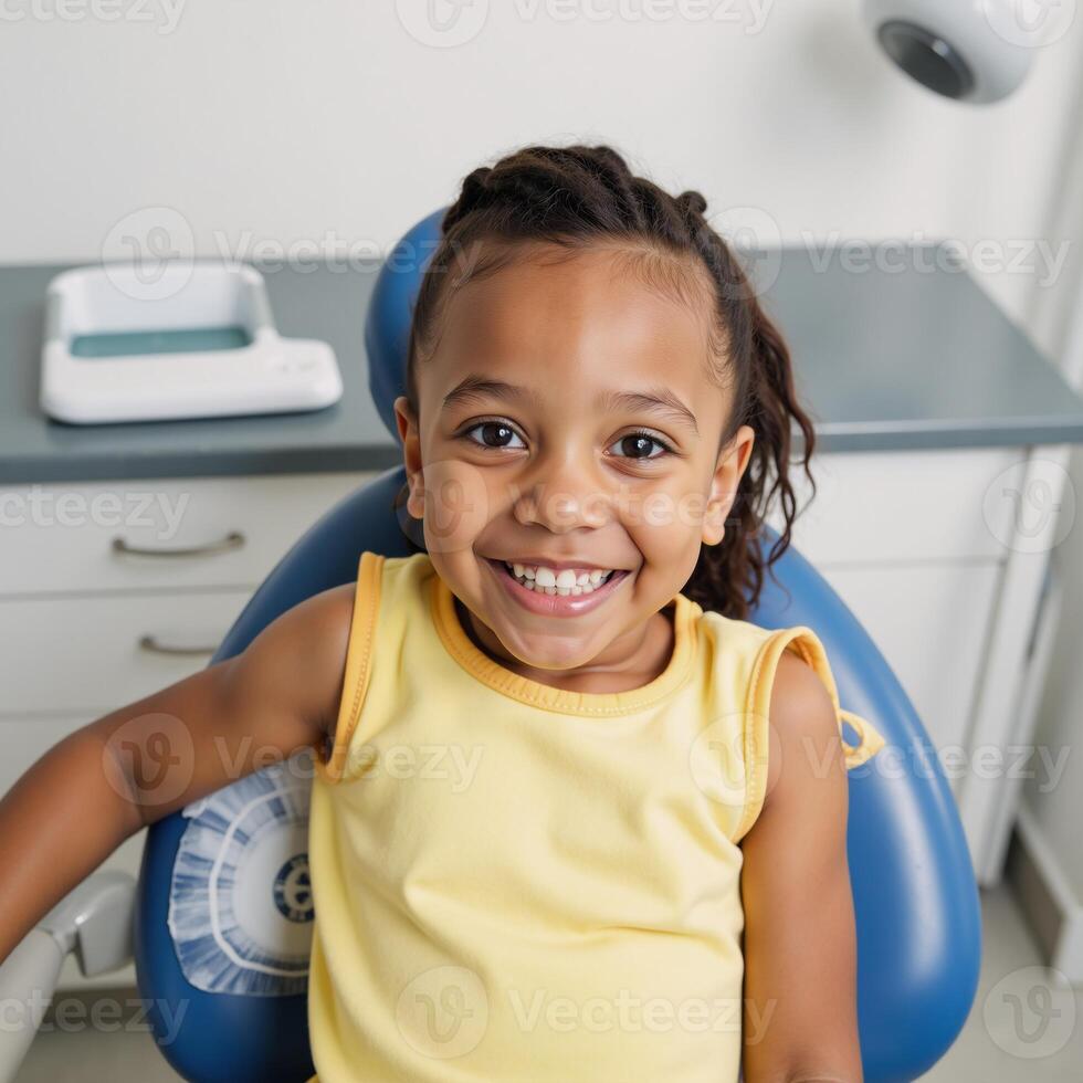 A cheerful AfricanAmerican child receives dental care with a bright gleaming smile photo