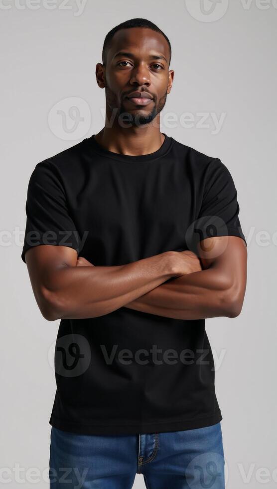 African American male model poses in a blank black tee perfect for logodesign placement on a neutral backdrop photo