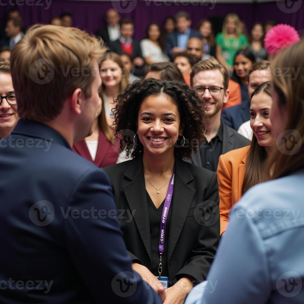 Young Black woman smiles at fellow conference attendee amidst an energetic crowd in a bustling venue photo