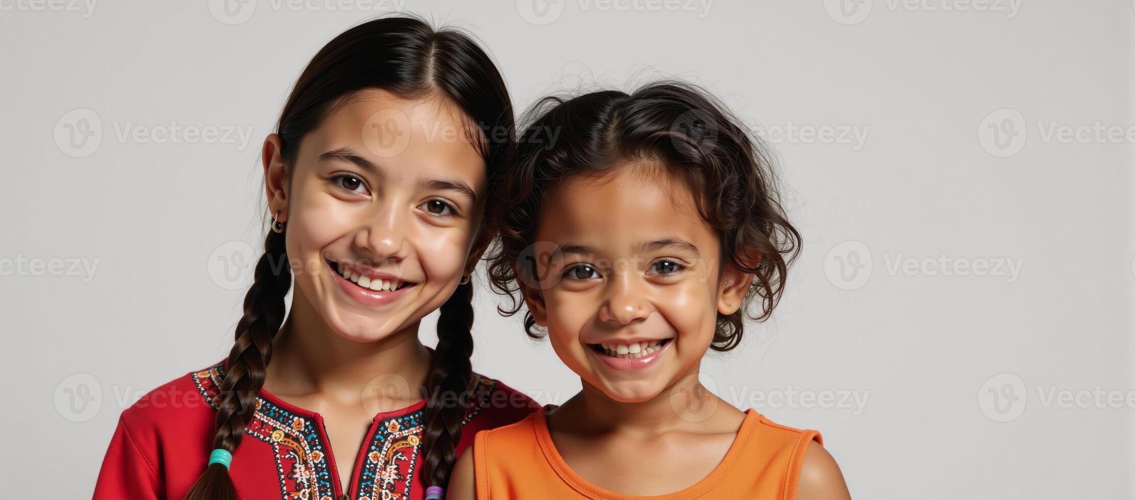A cute smiling Native American teenager and an adorable AfricanAmerican girl share the space in the image photo