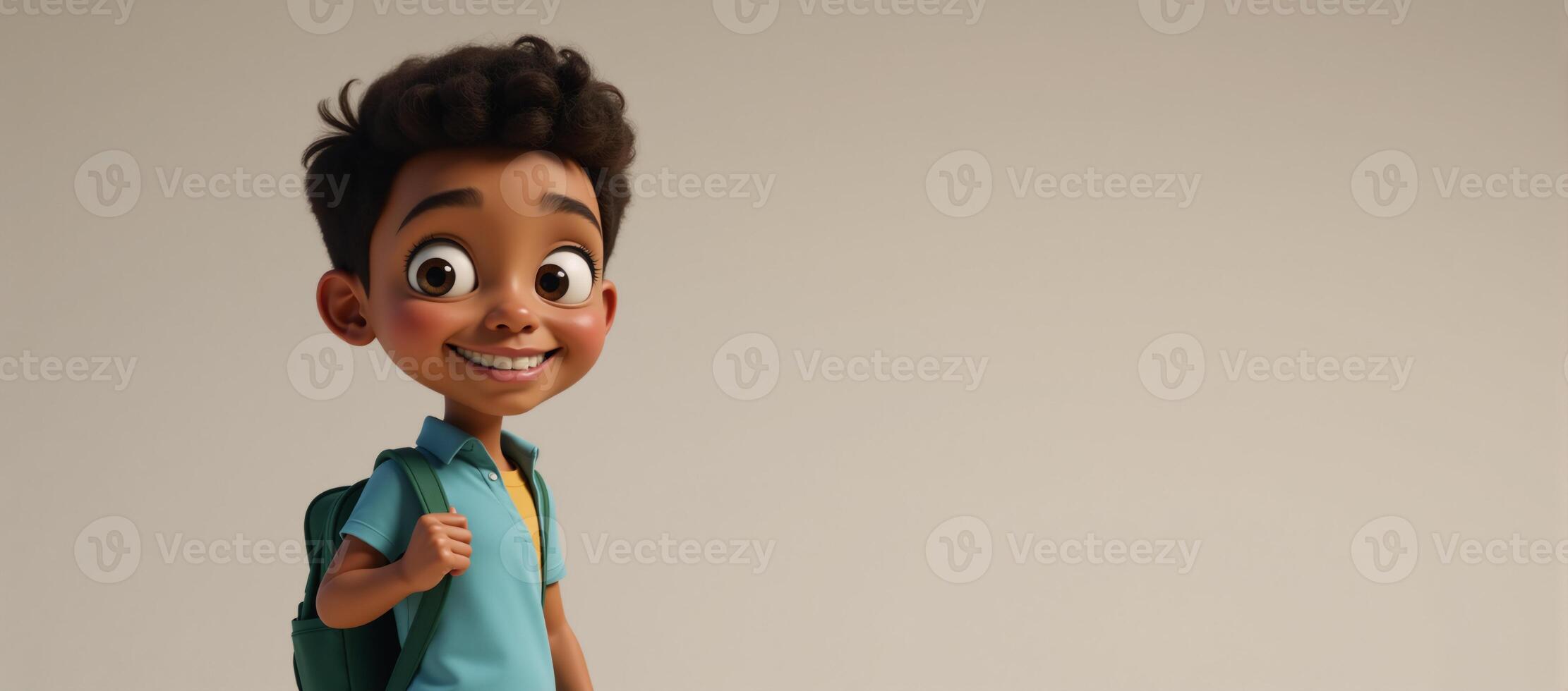 A smiling teenage boy with an ethnic background AfricanAmericanHispanic and backpack depicted as a character from a digital cartoon movie photo