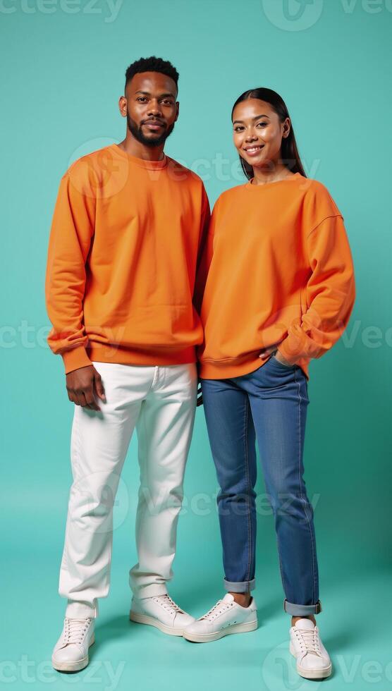 AfricanAmerican couple wearing baggy orange sweatshirts and denim pants pose against a pastel background photo