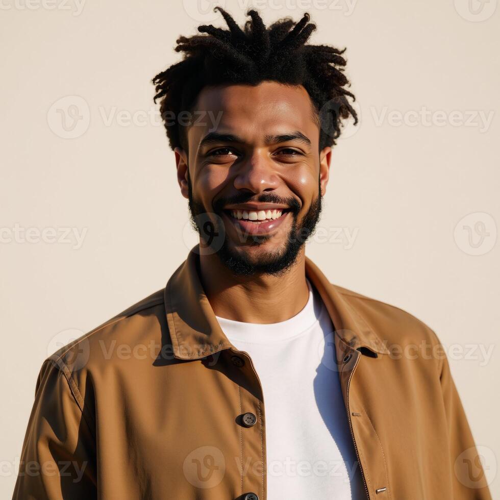 Cheerful Gen Z guy with positive emotions stands outdoor smiling at camera Portrait photo