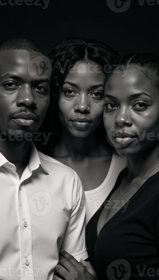 Portrait featuring three African American individuals in monochrome blackandwhite photo