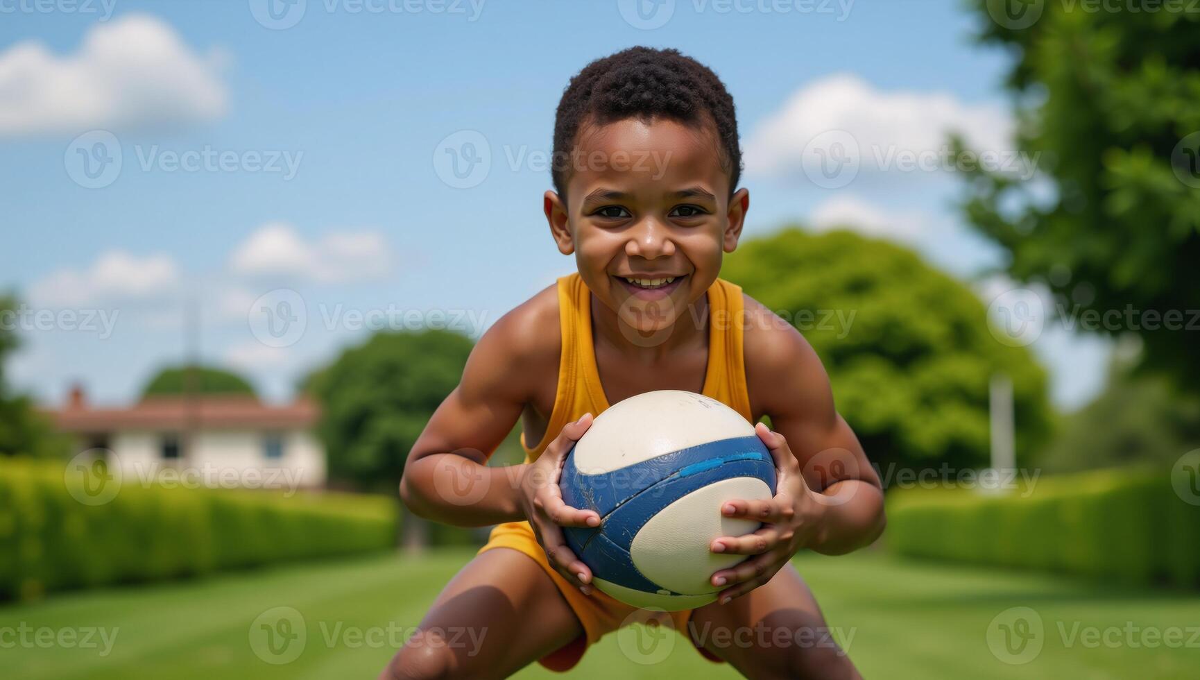 Dynamic portrait of an energetic and confident AfricanAmerican boy holding a rugby ball ready to play photo