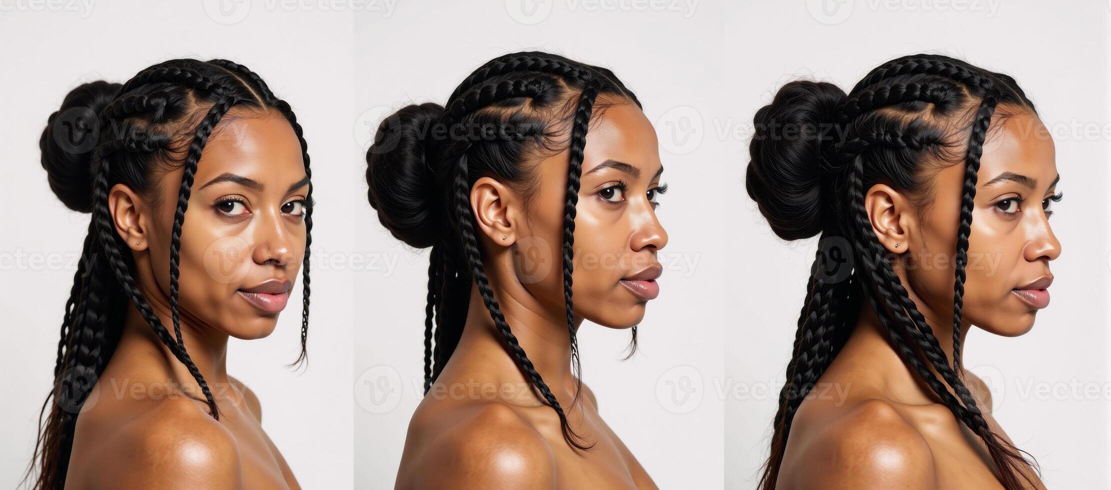 A black African American woman with defined facial features curly long braids and a stylish bun is portrayed in a 34 side view against a stark white background photo