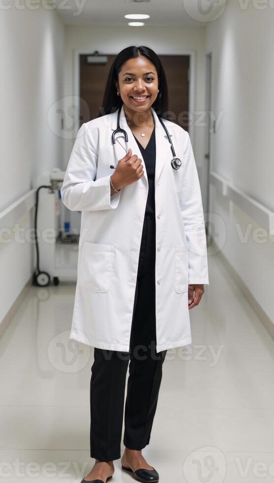 Portrait of African American doctor wearing stethoscope in hospital hallway photo