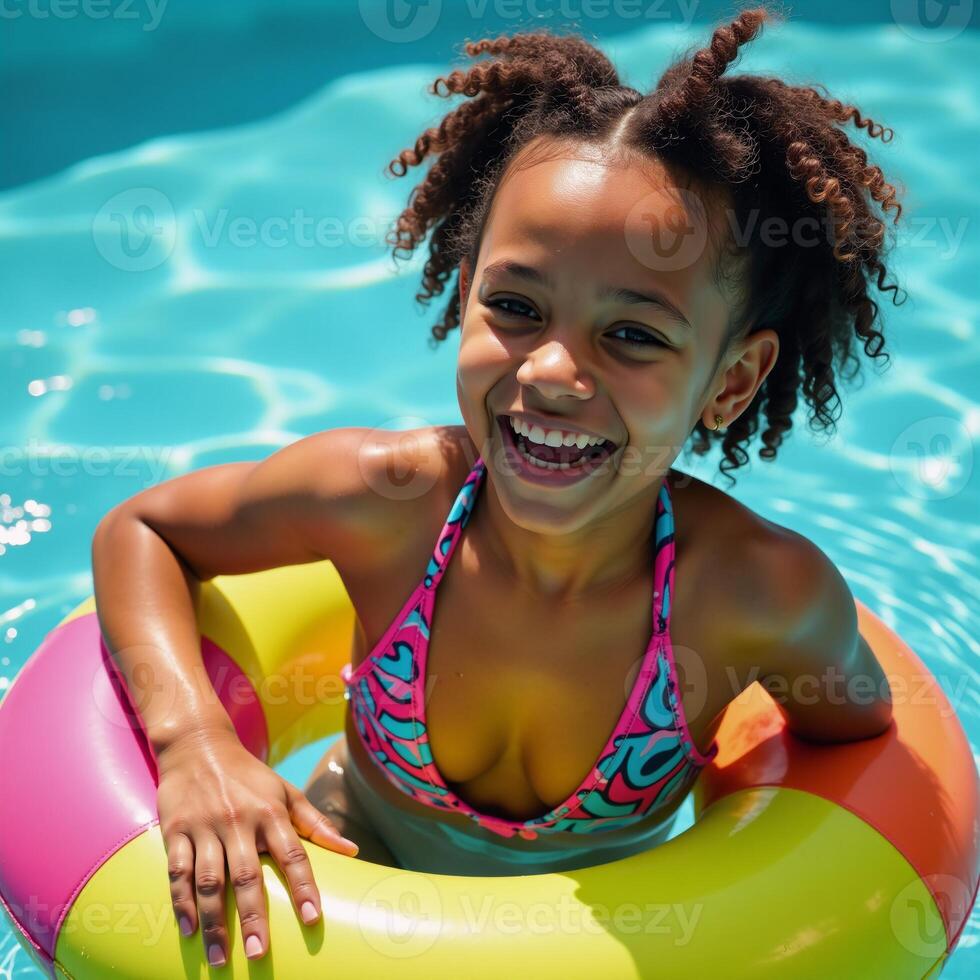 A joyful African American girl floats and laughs exuberantly in a vibrant sunlit pool surrounded by colorful inflatables photo