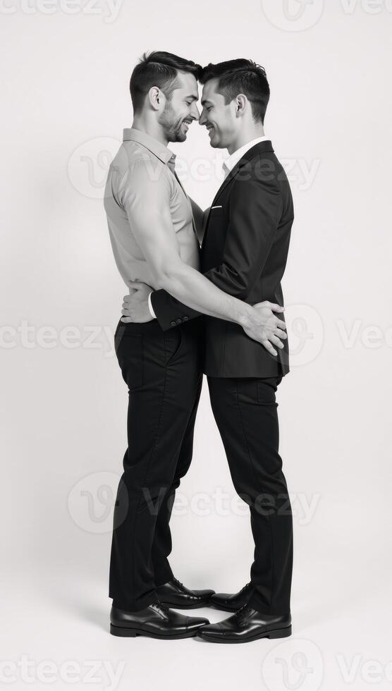 Rendering of an intimate gay couple with strong bond set against a clean background photo