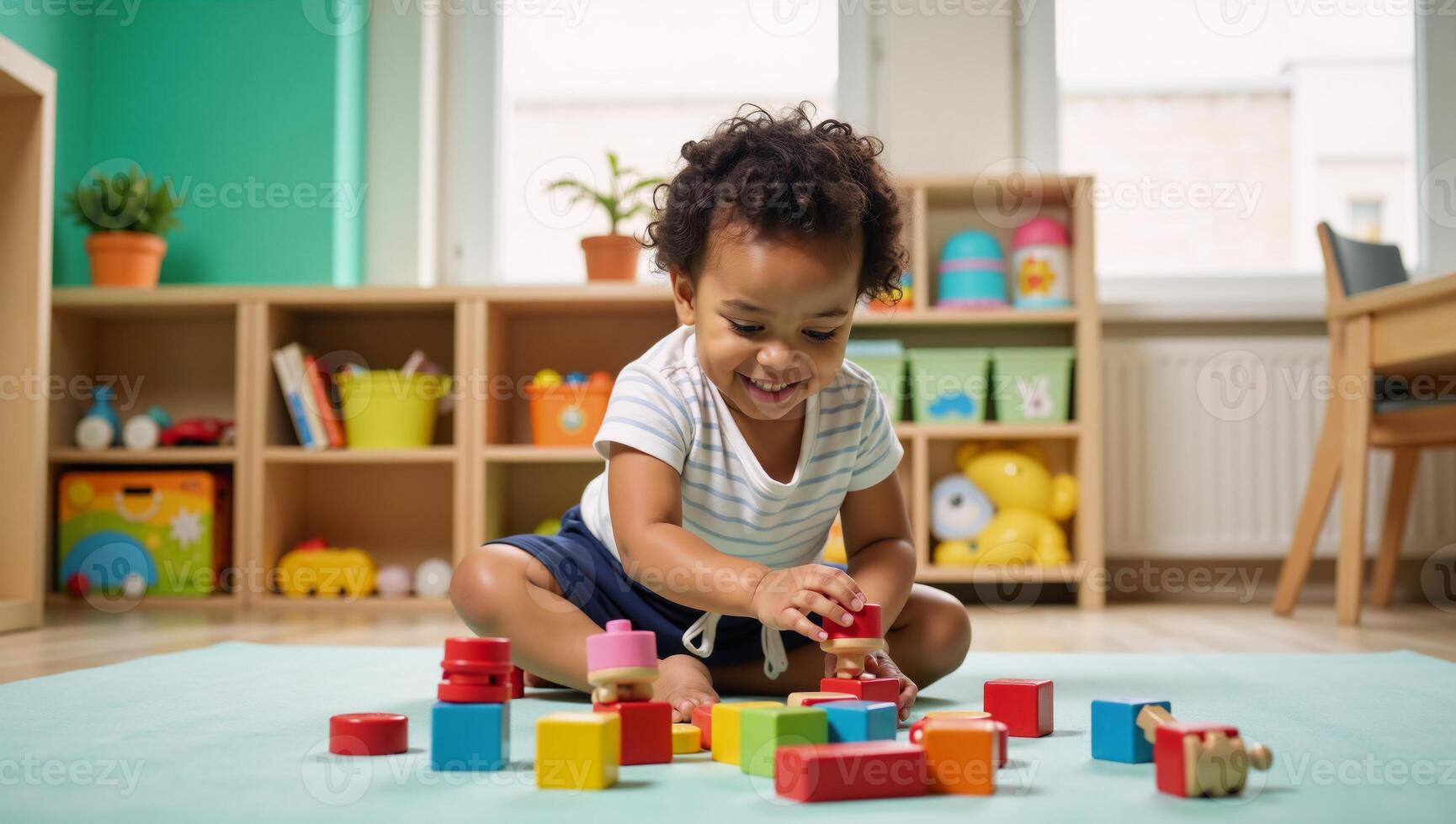 Joyful learning moment with an African American toddler engrossed in colorful wooden blocks set against a vibrant playroom backdrop photo