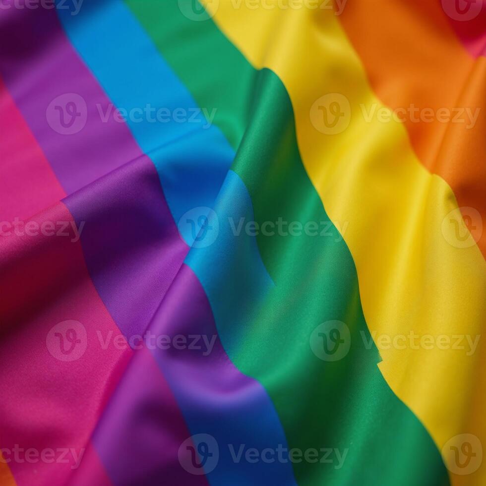 Closeup of a highresolution rainbow flag made from satin fabric with intricate folds and creases symbolizing LGBTQ pride and diversity photo