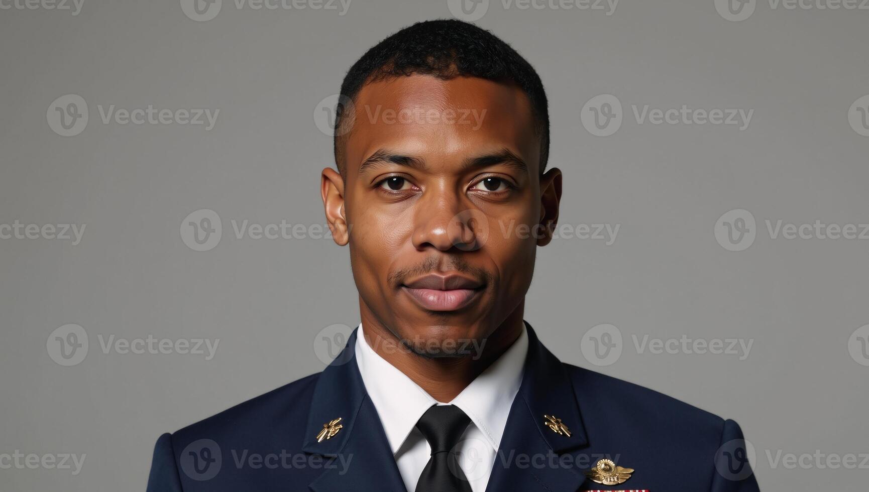 Young African American veteran gazes confidently at the camera in portrait style photograph photo