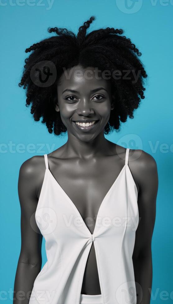 African American woman with an Afro against a blue backdrop photo