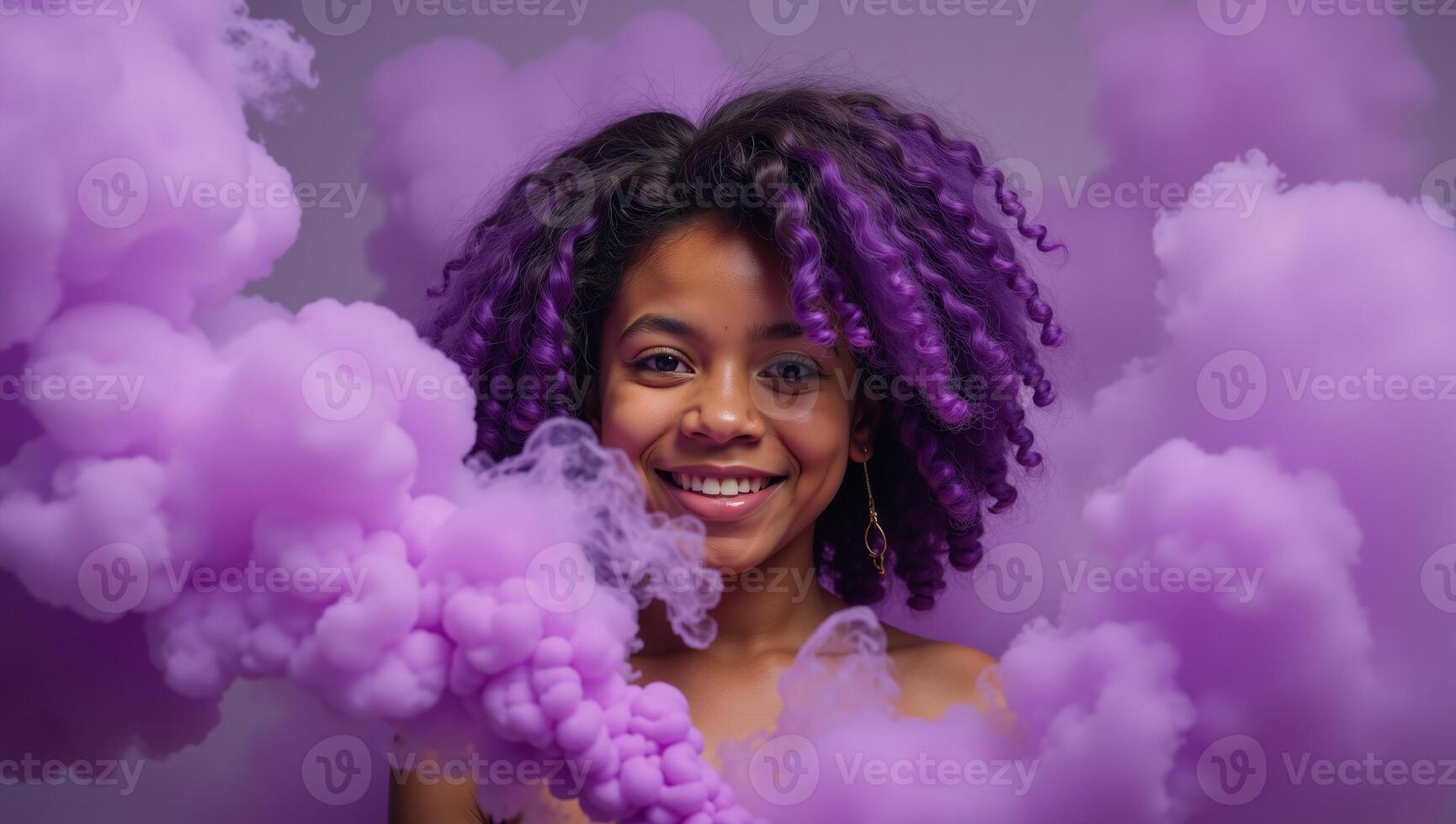 A Purplehaired African American girl is engulfed in a cloud of purple smoke bombs in an artsy photograph photo