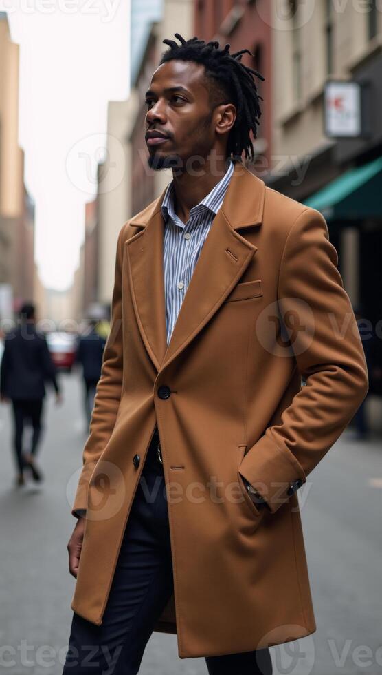 African American male with dreadlocks wears fashionable coat on city street photo