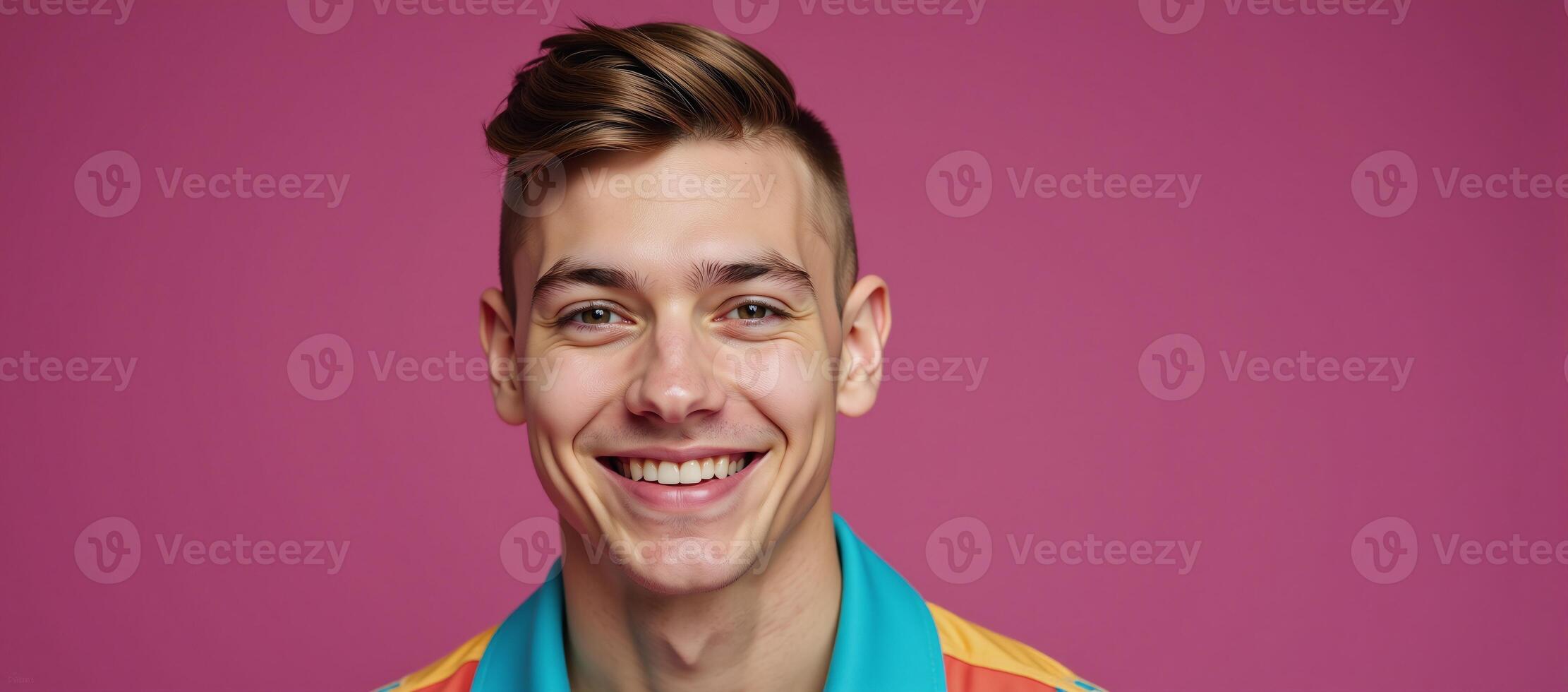 A bold minimalist retro image showcases a cheerful young gay man within a studio setting photo