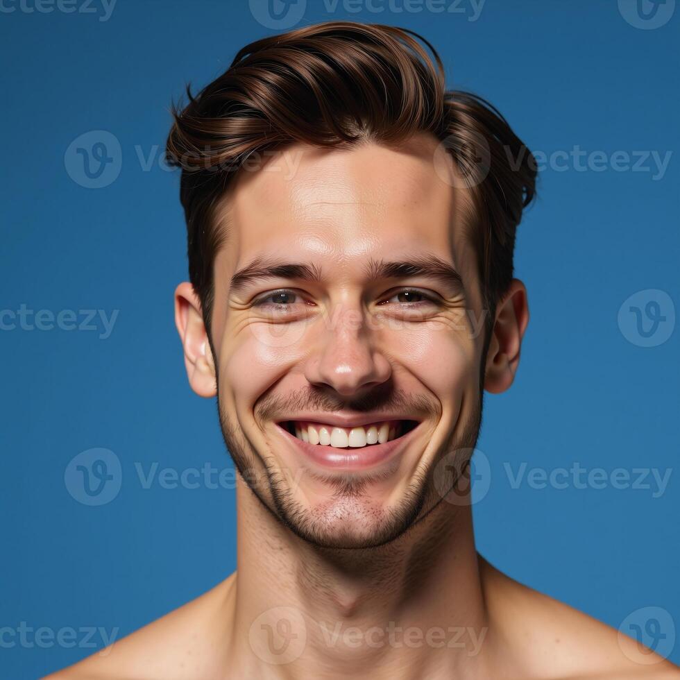 Elegant African American male model with brown hair against blurred deep sky blue background photo