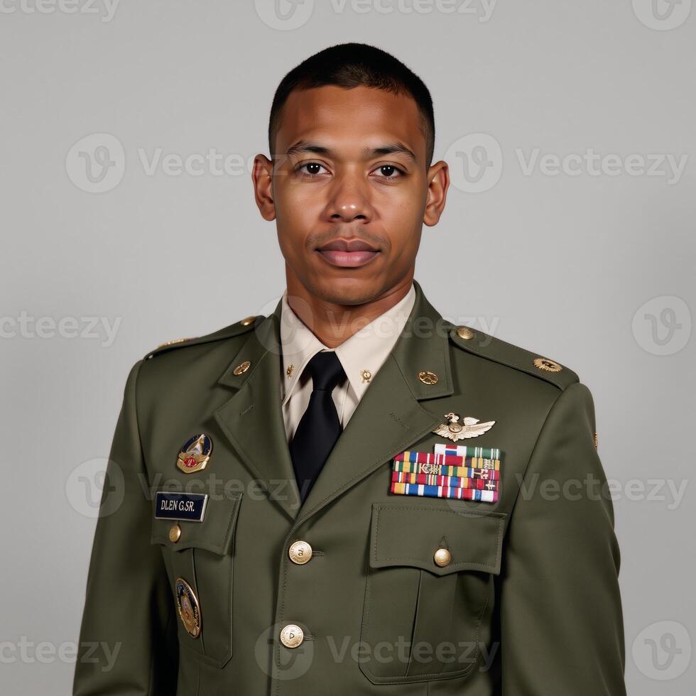 Young African American veteran gazes confidently at the camera in portrait style photograph photo