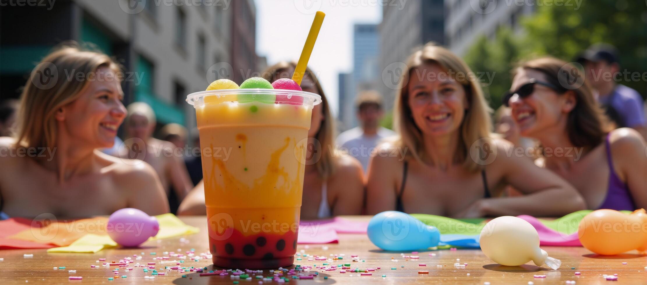 Vibrant celebration of LGBTQ culture depicted through a colorful illustration showcasing a pridethemed boba tea shop with playful graphics and inclusive symbols photo