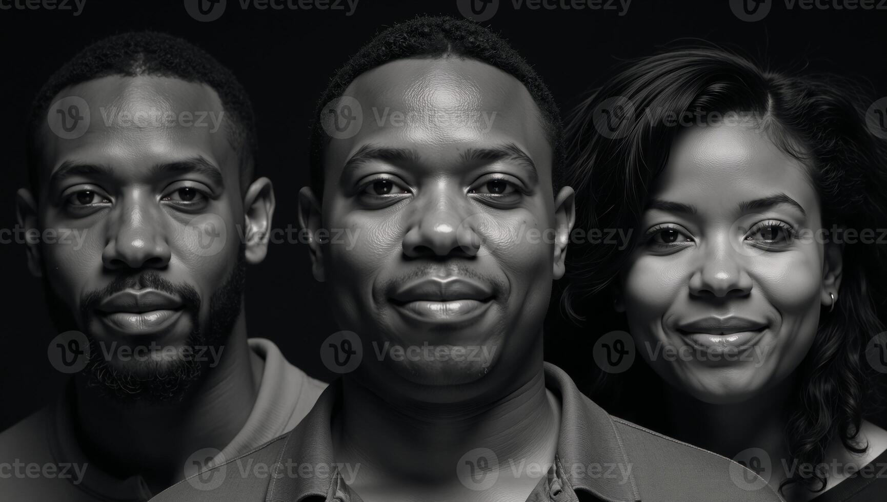 Portrait featuring three African American individuals in monochrome blackandwhite photo