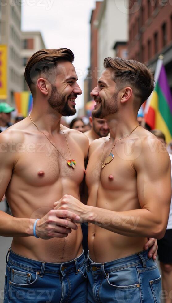 A gay pride portrait featuring two handsomely dressed men displaying their Pride colors and symbols photo