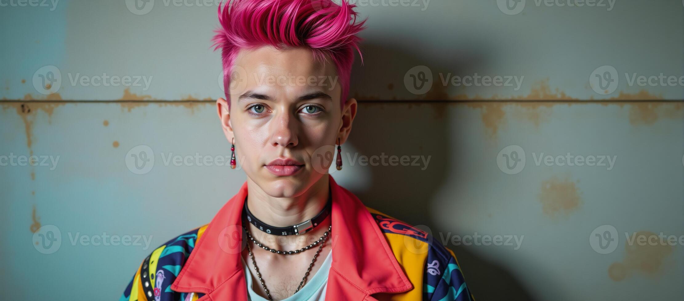 A punk gay character sporting spiky hair is depicted against an abstract background using neon colors photo