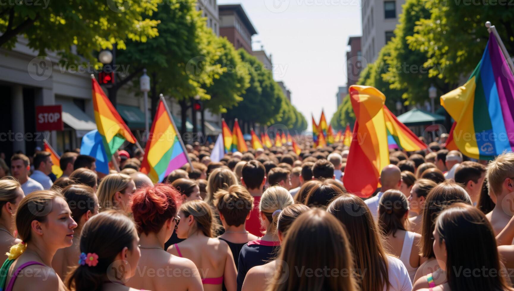 Brightly colored AIgenerated image featuring a closeup view of a vibrant gay pride parade with waving rainbow flags photo