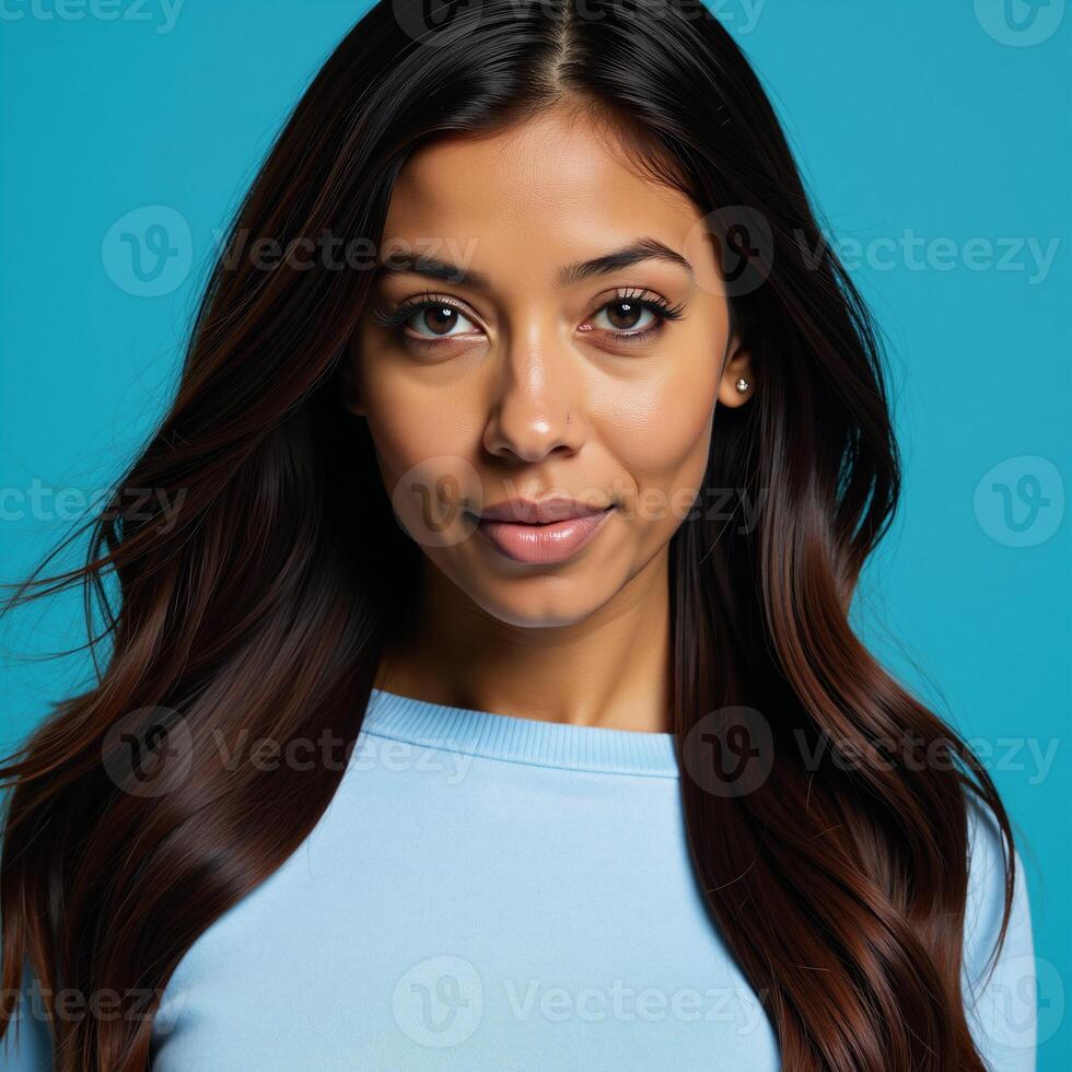 An African American woman sporting long wavy hair and captivating blue eyes is posed in a simple lightblue sweater against a solid blue backdrop photo