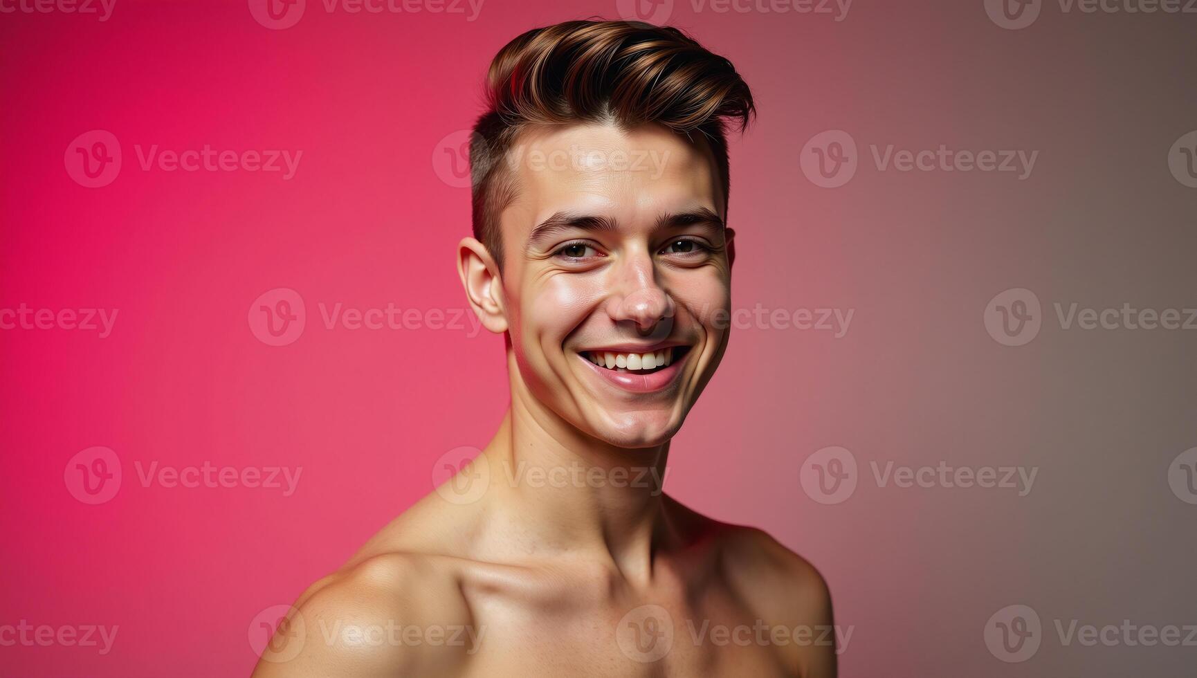 A bold minimalist retro image showcases a cheerful young gay man within a studio setting photo