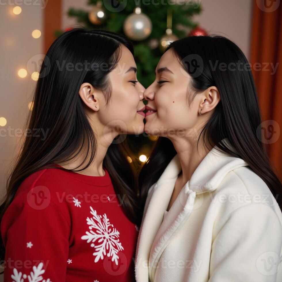 Two Asian women share a heartfelt kiss during the Christmas season photo