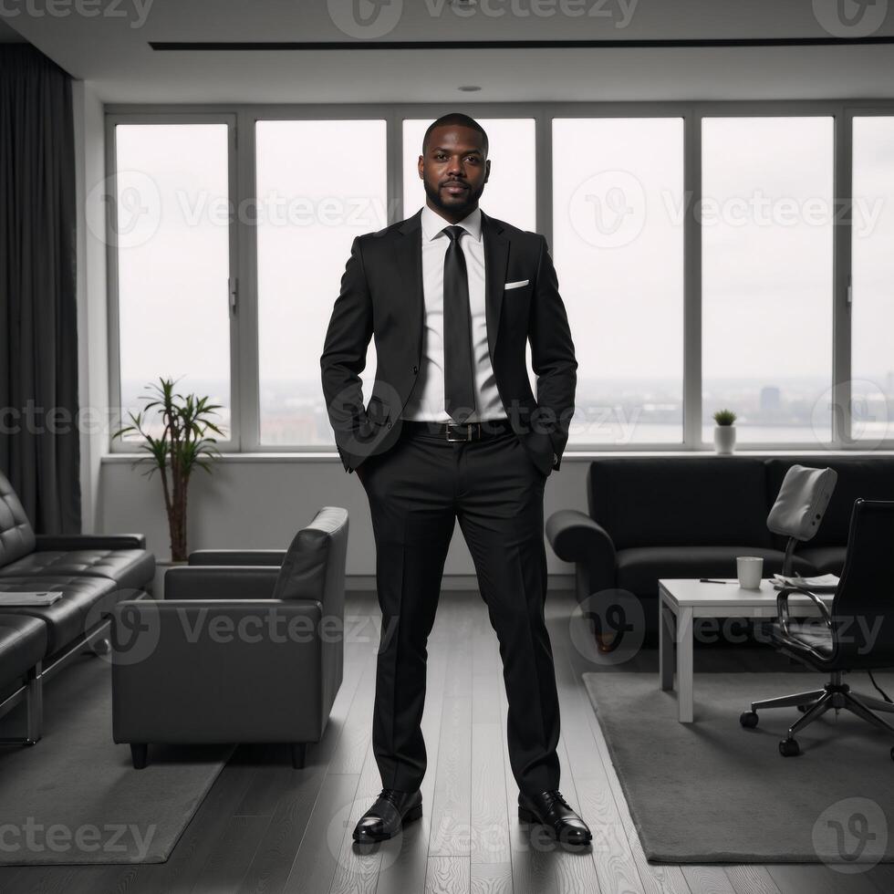 AfricanAmerican businessman portrayed with confidence in a modern office setting formal attire photo