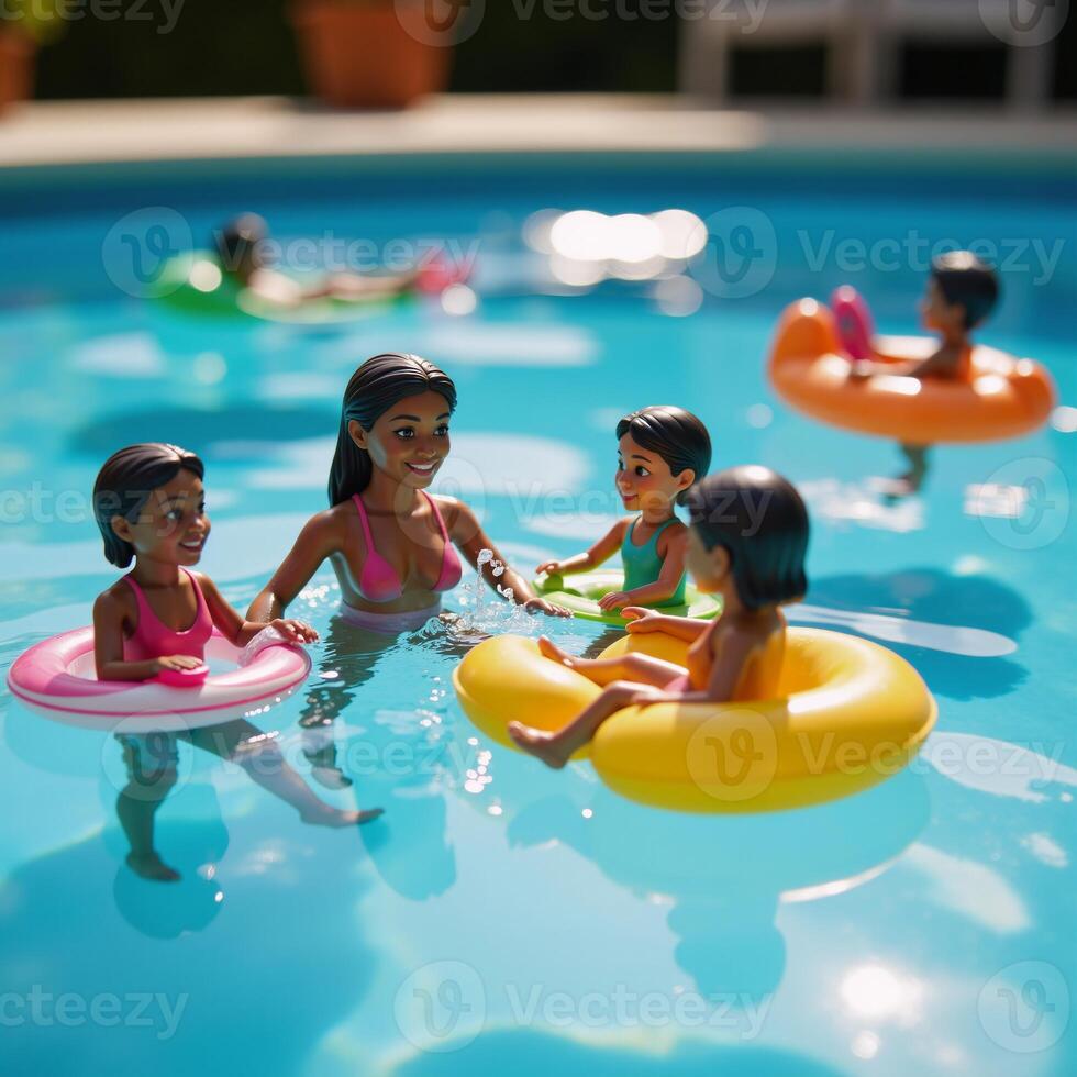 African American family enjoying summertime fun in a miniature swimming pool represented as colorful figurines photo