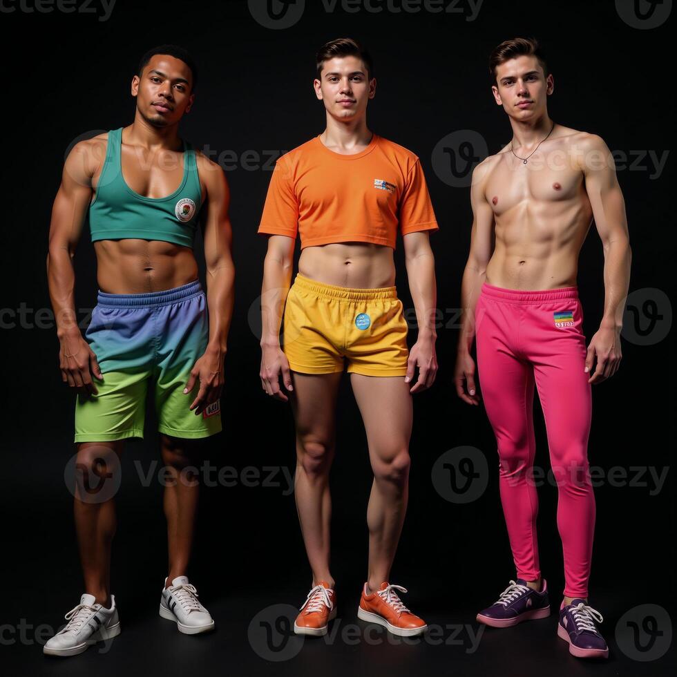 Studio portrait featuring young multiracial individuals dressed as LGBTQ characters captured from the waist up against a black backdrop photo