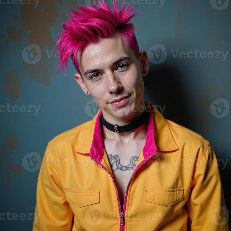 A punk gay character sporting spiky hair is depicted against an abstract background using neon colors photo