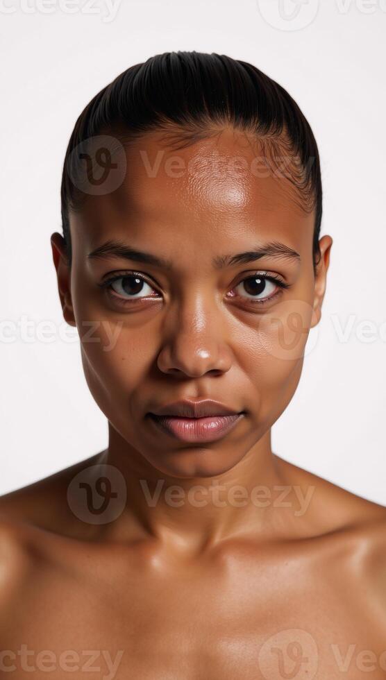 A sadlooking young African American woman depicted against a neutral backdrop photo