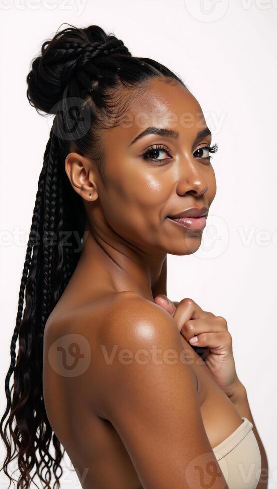 Portrait of an attractive Black African American woman in a 34 side view featuring a highdefinition image of her sharp jawline and perfect facial features against a white backdrop with curly long photo