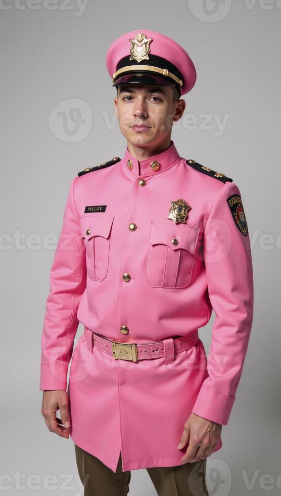 A man dressed in a pink gay cop uniform costume photo