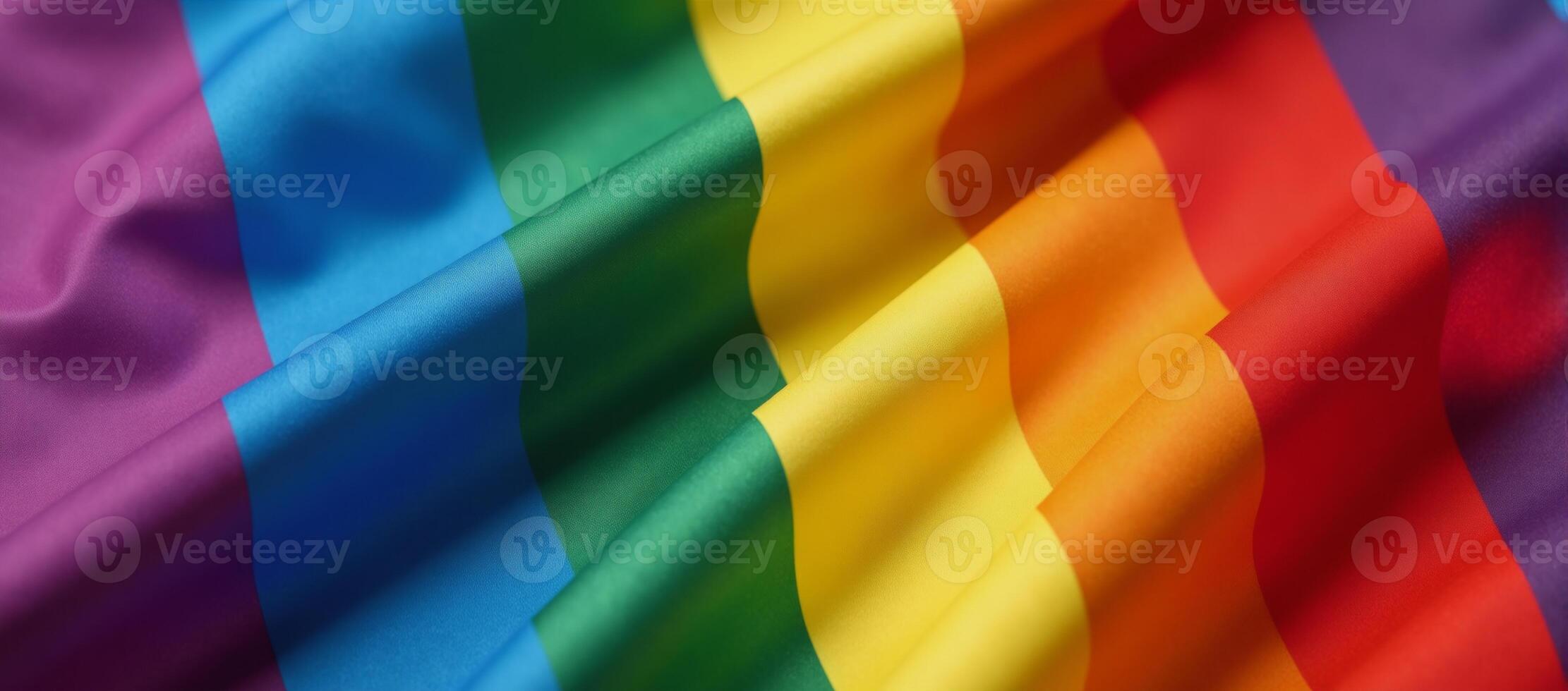 Closeup of a highresolution rainbow flag made from satin fabric with intricate folds and creases symbolizing LGBTQ pride and diversity photo