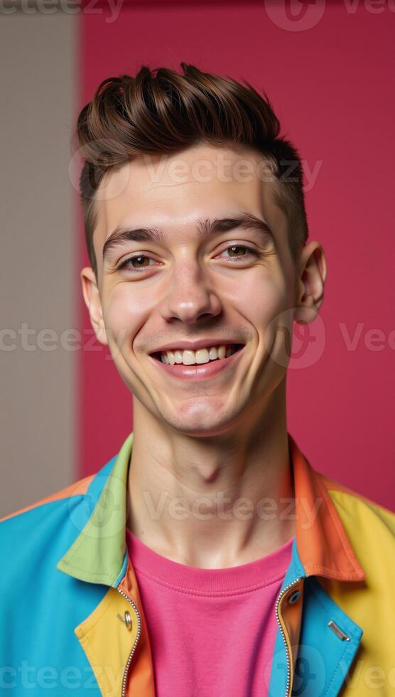 A bold minimalist retro image showcases a cheerful young gay man within a studio setting photo