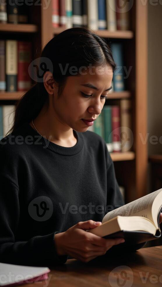 A young African American female student is engrossed in her books amidst the cozy warmth and ambience of a college library photo