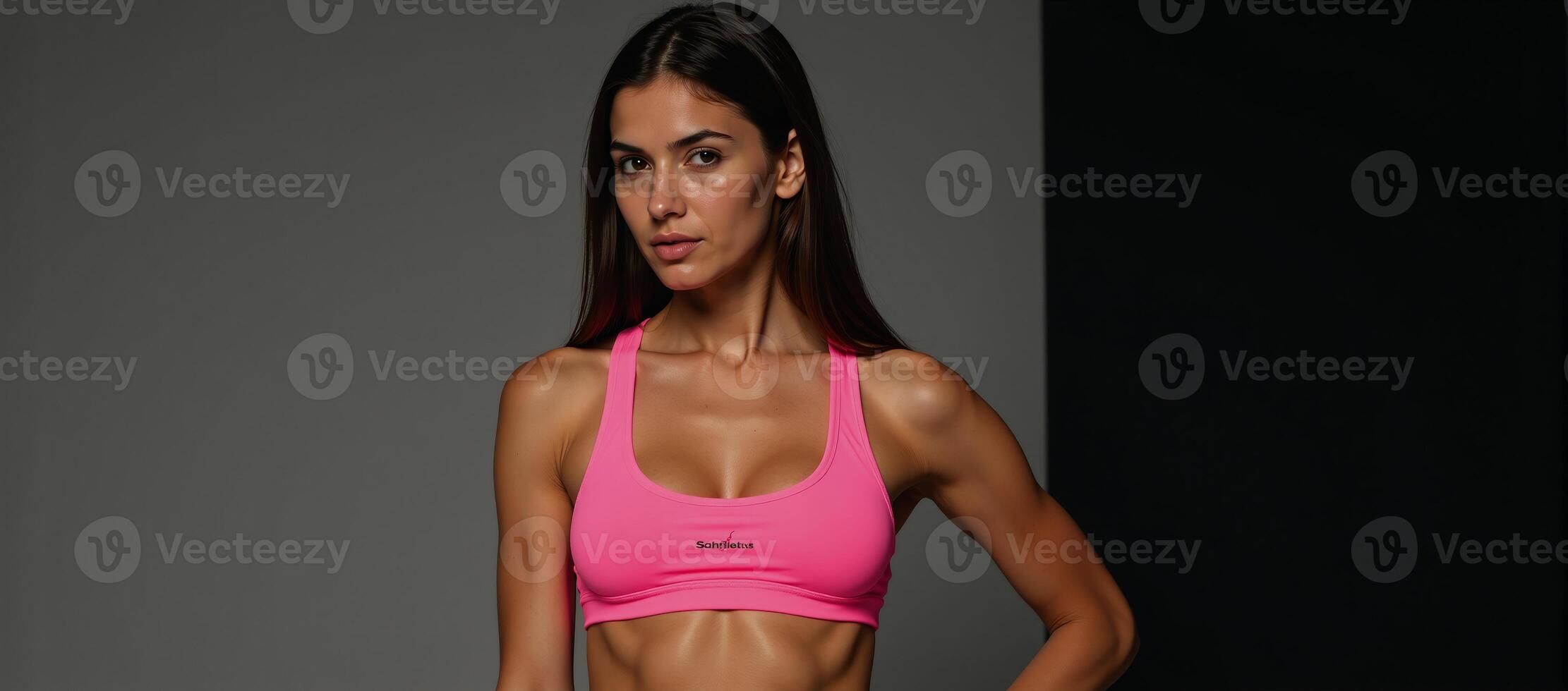 Subject is a woman sporting a bright pink workout attire neon pink sports bra photo