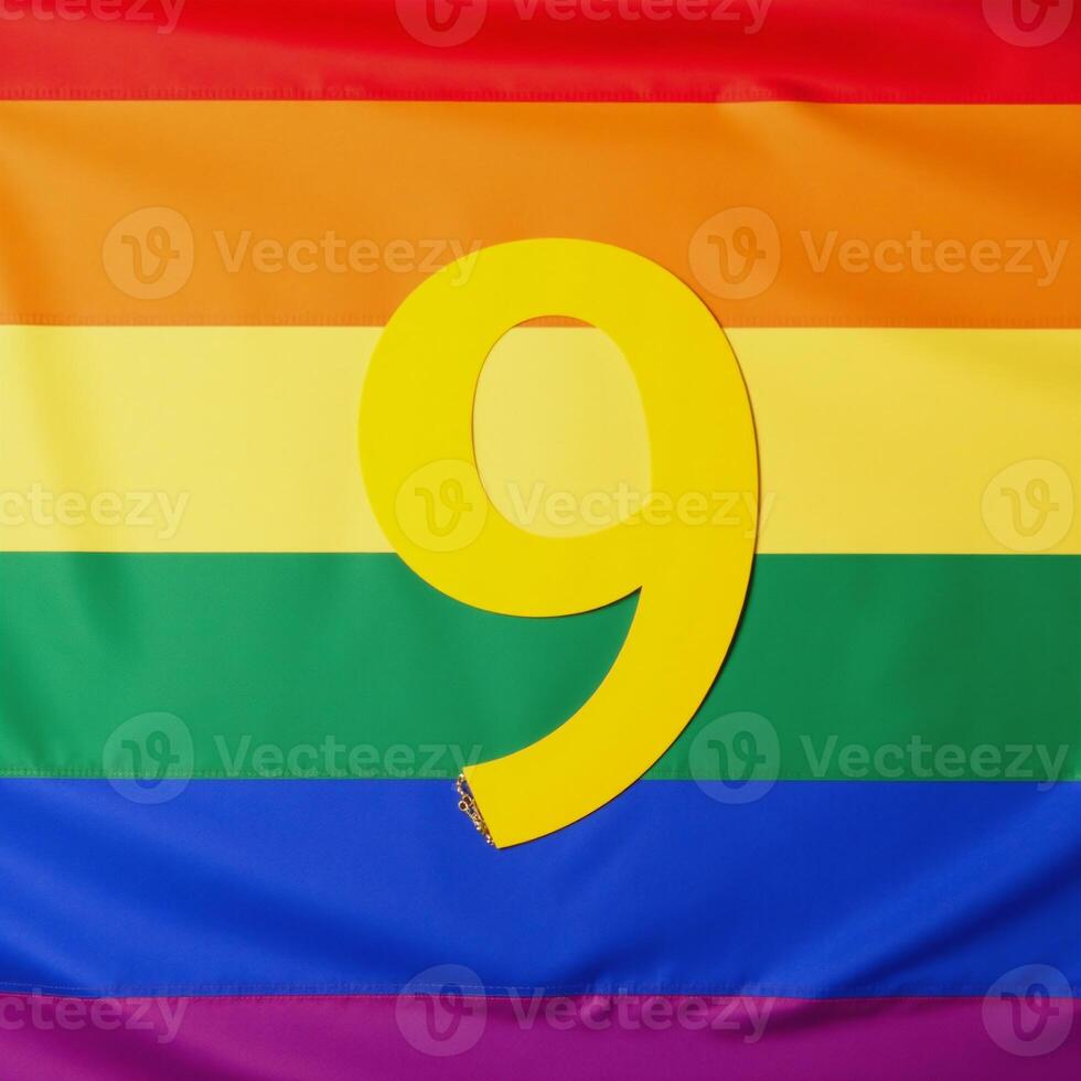Digital illustration featuring the number nine rendered in LGBT Pride colors rainbow photo