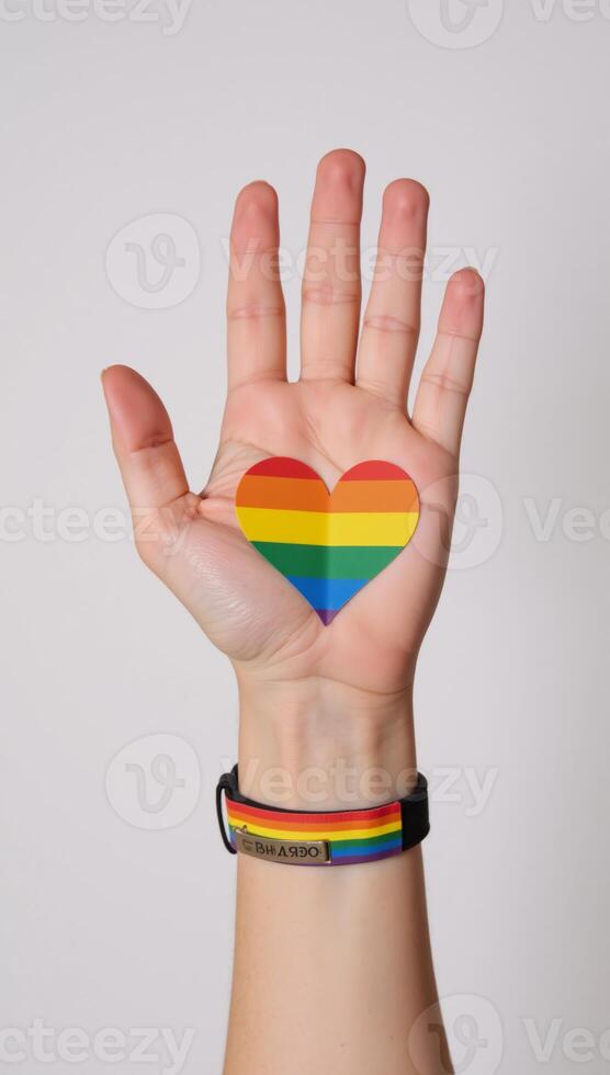 A hand wearing an LGBTQ Pride rainbowwristed band is shown against a backdrop of a heart shaped rainbow flag symbolizing Gay Pride photo