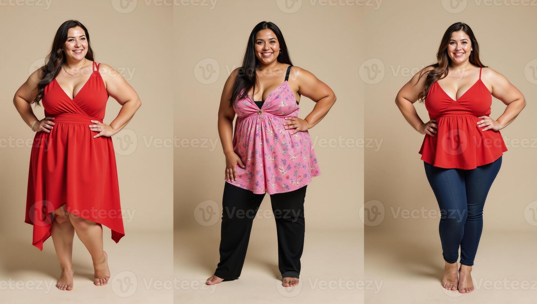 Three women pose with confidence at a bodypositive portrait studio celebrating their bodies and embracing selflove photo